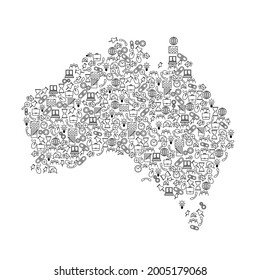 Australia map from black pattern set icons of SEO analysis concept or development, business. Vector illustration.