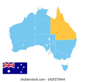 australia map in blue color, queensland of australia in orange color, vector illustration 