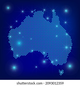 Australia map in blue. Dotted map. Dots  Australia  map with spotlights on dark blue background.  Global social network.  Blue futuristic background with map of Australia. EPS10