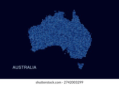 Australia Map - Blue Dotted Halftone Vector Illustration on Dark Navy Background, Abstract Circle Grid Silhouette Design for Infographic and Modern Presentation Use.