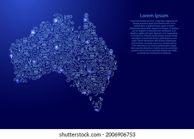 Australia map from blue and glowing stars icons pattern set of SEO analysis concept or development, business. Vector illustration.