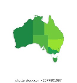 Australia map with border highlighted regions, states, isolated on white background. Template map of Australia. Detailed vector illustration.