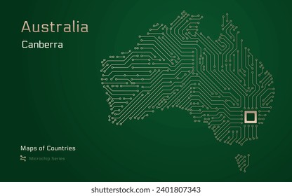 Mapa de Australia con la capital de Canberra en un modelo de microchip con procesador. Gobierno electrónico. Mapas vectoriales de países del mundo. Serie de microchips	
