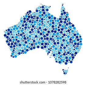 Australia Map collage of dots in variable sizes and blue color tones. Random round blots are combined into Australia Map illustration. Vector geographic blue map design concept.