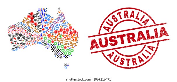 Australia map collage and scratched Australia red round stamp seal. Australia seal uses vector lines and arcs. Australia map collage includes helmets, homes, showers, bugs, stars, and more icons.