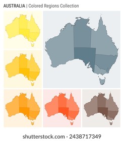 Australia map collection. Country shape with colored regions. Blue Grey, Yellow, Amber, Orange, Deep Orange, Brown color palettes. Border of Australia with provinces for your infographic.