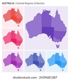 Australia map collection. Country shape with colored regions. Deep purple, red, pink, purple, indigo, blue color palettes. Border of Australia with provinces for your infographic. Vector illustration.