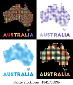 Australia map. Collection of maps of Australia in dotted style. Borders of the country filled with rectangles for your design. Vector illustration.