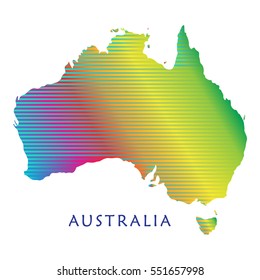 Australia map with colorful striped pattern isolated on white background. For Australia Day, Holiday cards, web site, banner, promotion, Australian maps, Anniversary modern design. Vector illustration