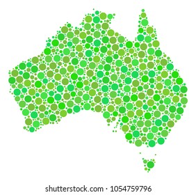 Australia Map composition of circle elements in various sizes and ecological green color hues. Vector filled circles are combined into australia map composition. Ecological design concept.