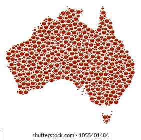 Australia Map composition of tomato. Vector tomato elements are combined into australia map composition. Nutrition vector illustration.