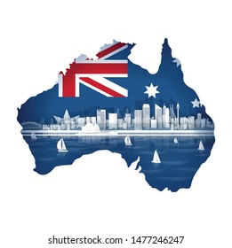 Australia map concept with flag and famous landmark for travel postcard and poster, brochure, advertising in paper cut style vector illustration
