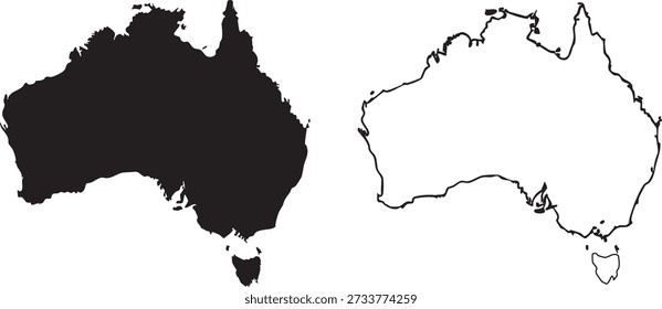 A forma do continente do mapa da Austrália é exibida com uma silhueta preta sólida e um contorno preto simples em um fundo branco para projetos de design.