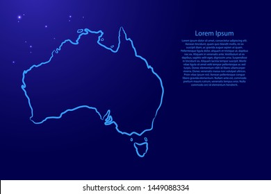 Australia map from the contour blue brush lines different thickness and glowing stars on dark background. Vector illustration.