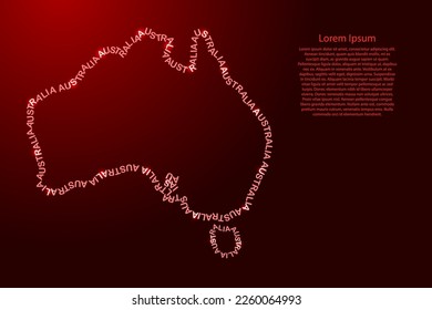 Australia map country along contour of recurring english red words name of state and glowing space stars 