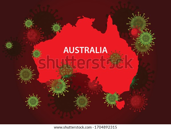 Australia map with covid-19 virus concept. Coronavirus is spread to all over the world and infected to countries. Vector illustration of red map design with influenza virus. Covid 19 Australia map. 
