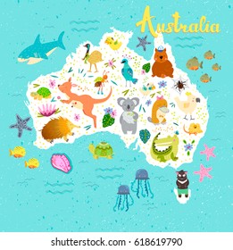 Australia map with cute animals. Spider, parrot, wombat, lizard, jellyfish, shark, crocodile, koala, kangaroo, platypus, turtle, tasmanian devil, birds.

