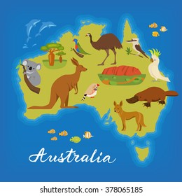 Australia Map Cute Animals Vector Poster Stock Vector (Royalty Free ...