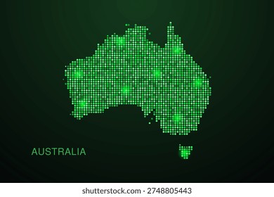 Australia Map - Digital dotted map with glowing green points on dark background, modern technology style, abstract data network design, clean minimal geometric vector illustration.