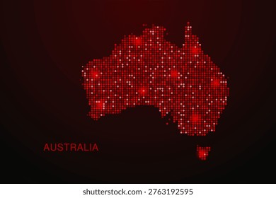 Australia Map - Digital dotted map with glowing red points on dark background, modern technology style, abstract data network design, clean minimal vector illustration.