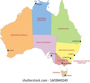 Australia map divided by regions and territories with main cities