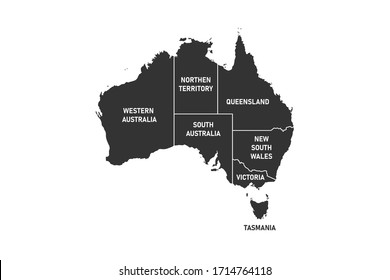 Australia map divided by regions and territories. Black map of Australian continent and Tasmania island. Vector illustration isolated on white backgroun.