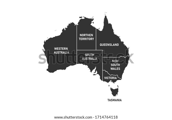 Australia map divided by regions and\
territories. Black map of Australian continent and Tasmania island.\
Vector illustration isolated on white\
backgroun.