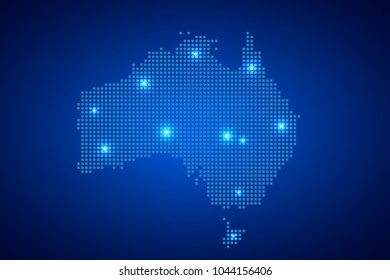 Australia map with dotted style and glowing points star on blue background ,Vector illustration