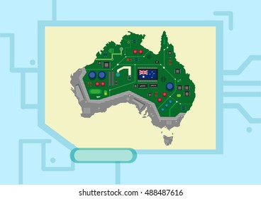 Australia Map with Electronic Parts as cities and flag on Microchip. Editable Clip Art.
