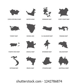 Australia map, Ethiopia Czech Eepublic Vietnam Belgium Myanmar Denmark map icon 16 set EPS 10 vector format. Icons optimized for both large and small resolutions.