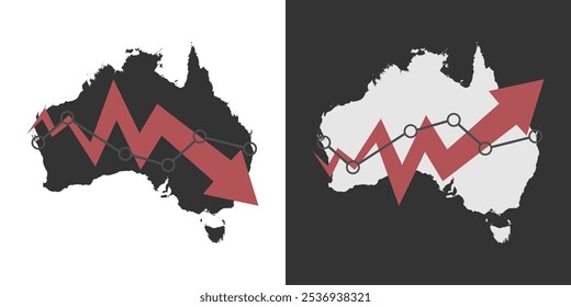 Australia map with fall and recovery chart, statistics arrow. Vector illustration.