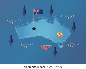 Australia Map, Flag and Currency Modern Isometric Business and Economy Vector Illustration Design