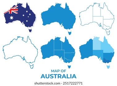 Australia Mapa con la bandera y el esquema plano conjunto de Ilustración vectorial