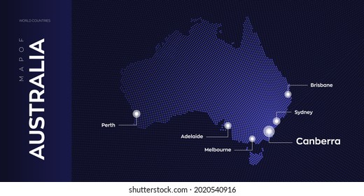 Australia map with flag info graphic. Abstract vector map of Australia with capital and major cities. Dots composition map on dark background.
