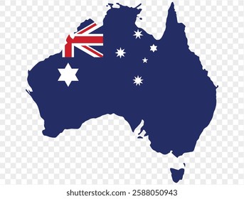 Australia map with Australia flag inside, official isolated on a transparent PNG background. Perfect for designs, high-quality image.