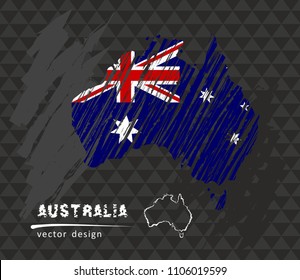 Australia map with flag inside on the black background. Chalk sketch vector illustration