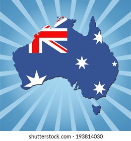 Bandeira do mapa da Austrália na ilustração azul do vetor de explosão solar