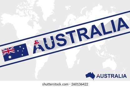 Bandera de mapa de Australia e ilustración de texto, en el mapa mundial