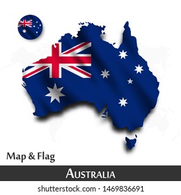 Australia map and flag . Waving textile design . Dot world map background . Vector .