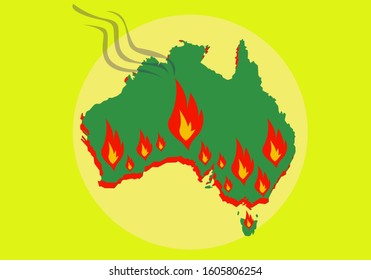 Australia Map With Flame Symbol Spreading. Bushfire Or Hot Weather Concept. Editable Clip Art.