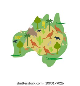 Australia map flora and fauna. Animals and plants on mainland. Vector illustration
