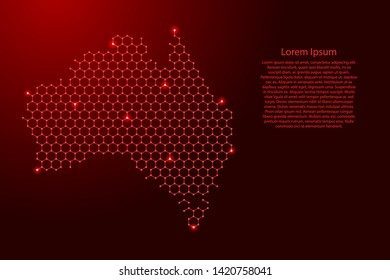 Australia map from futuristic hexagonal shapes, lines, points red and glowing stars in nodes, form of honeycomb or molecular structure for banner, poster, greeting card. Vector illustration.