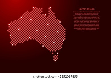 Australia map from futuristic red checkered square grid pattern and glowing stars for banner, poster, greeting card