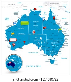Australia Map and glossy icons on map. Detailed vector illustration of map.