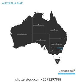 Australia map high detailed with administrative divide by state, capital cities names, outline simplicity style. Vector illustration EPS10.