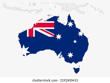 Australia map highlighted in Australia flag colors, gray map with neighboring countries.