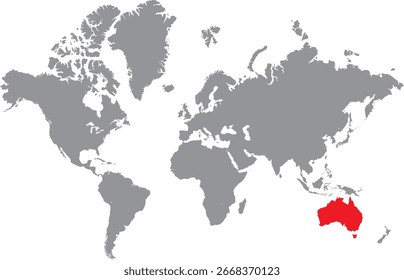 Australien Karte auf der Welt Vektor einfache flache Weltkarte in rot für die Verwendung in Marketing, Reiseführer und Apps hervorgehoben. Clean World Map Vektor mit Australien rot markiert geeignet für Lehre und Info