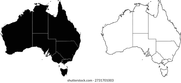 Ícones de mapa da Austrália definidos com silhueta preta e variações de contorno fino para ilustração vetorial de navegação geográfica, E