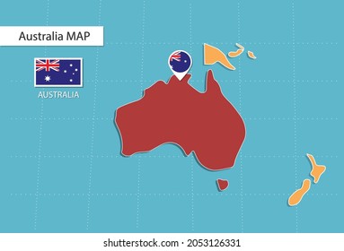 Australia map in Australia, icons showing Australia location and flags.