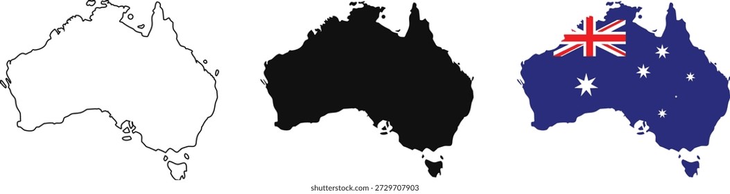 Australia map illustration set featuring outline, solid silhouette, and national flag design. Clean geographic representation highlighting the continent’s iconic shape and identity. Ideal for education, travel graphics, infographics, presentations, and Australia-themed designs.